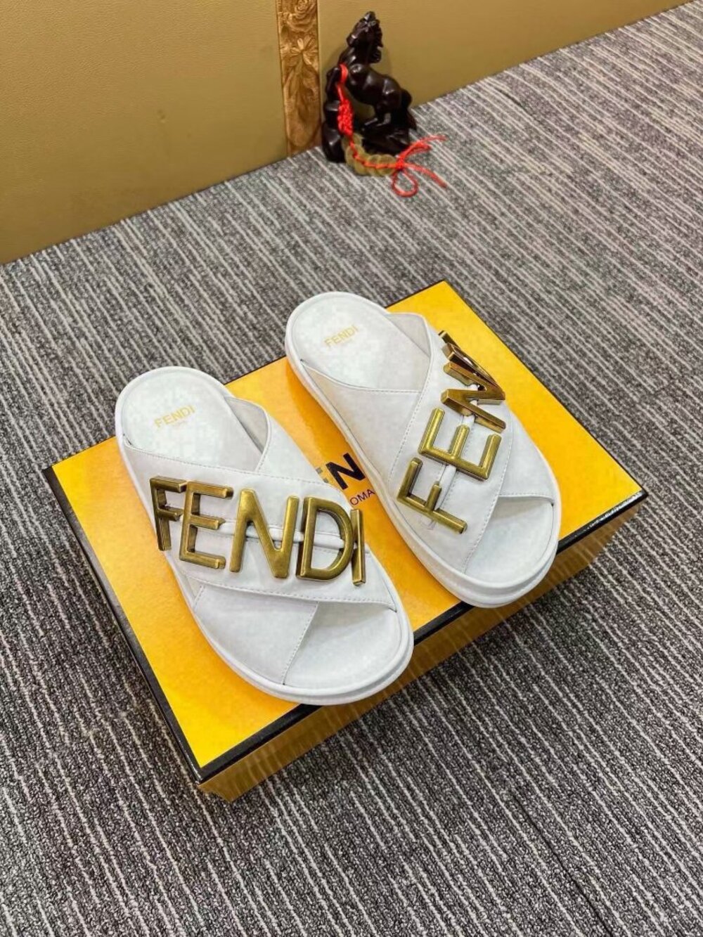 Authentic Fendi White Leather Cross Strap Slide Sandals Gold 3D Logo Flat Mules